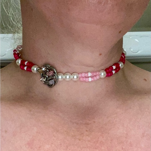 Pink & Faux Pearl Choker w Celtic Centre Featuring Swarovski Crystals & Hair Tie - Picture 2 of 5